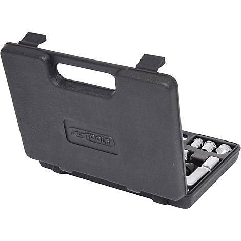 Schwarzer Werkzeugkoffer, halb geöffnet. Innen Schraubenschlüssel, Werkzeugsatz.