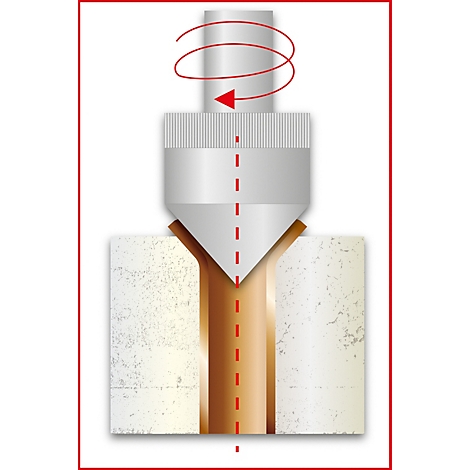 Schnittbild einer Maschine, die zwei Metallteile formt. Oben dreht sich ein Bohrer, darunter ein V-förmiger Schlitz.