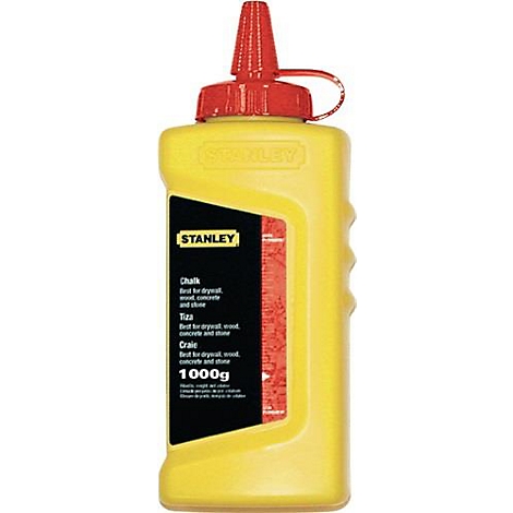Gele Stanley markerfles met rode dop. Zwart label: Chalk, Tiza, Craie, 1000g.