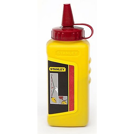 Gele STANLEY krijtbox met rode dop. Label toont instructies voor gebruik. Op een witte achtergrond.