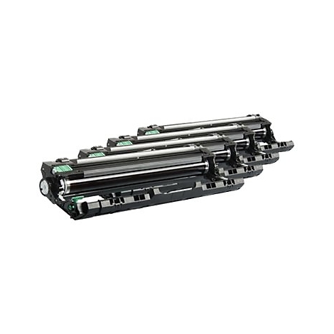 Mehrere schwarze Trommeleinheiten für Laserdrucker hintereinander auf weißem Grund.