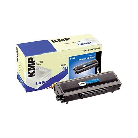 Schwarze Tonerkartusche und -verpackung mit 'KMP Laser' Schriftzug.