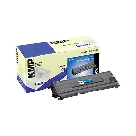 KMP Tonerkartusche B-T21 für Brother HL-2140 Drucker vor der gelb-blauen Produktverpackung.