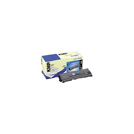 Eine KMP-Tonerkartusche und -Verpackung. Die Verpackung zeigt das Produkt. Schwarze Kartusche vor weiss-blauen Hintergrund.