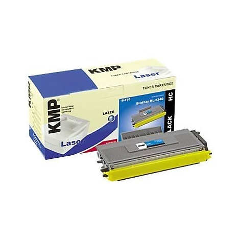 Tonerkartusche und Verpackung. Grau-gelbe Kartusche liegt vor einer Produktverpackung mit Produktabbildung.
