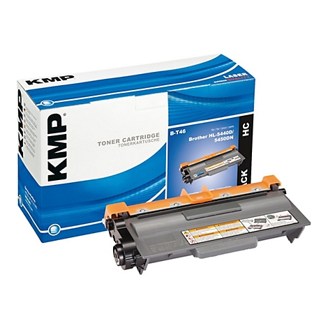 Toner-Kartusche und Verpackung. KMP-Marke, B-T46 fÃ¼r Brother Drucker. Schwarz, Orange und Blau.