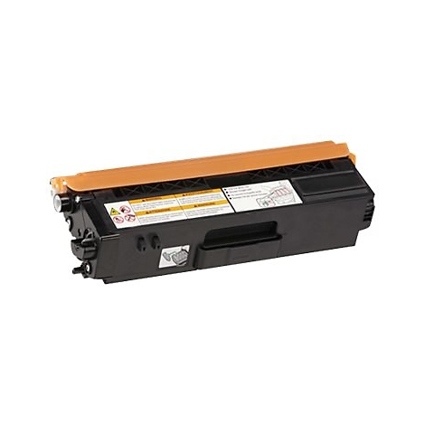 Schwarze Tonerkartusche mit orangefarbener Abdeckung und Warnhinweisen.