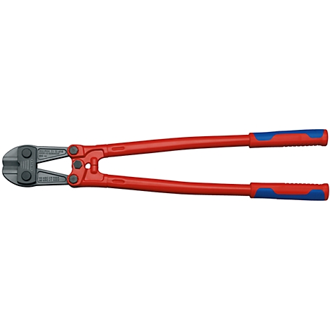 Red bolt cutters with blue handles and a grey cutting head. The tool lies flat against a white background.