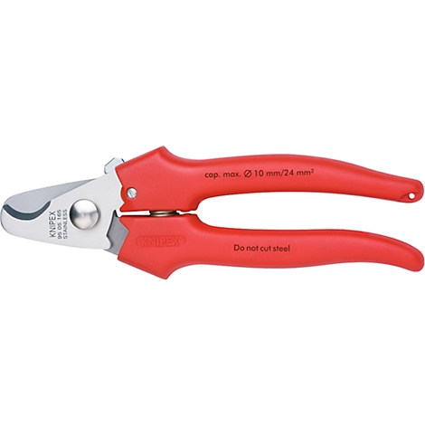 Red cable cutter with silver blade. Markings: KNIPEX, 96 05 185 STAINLESS. Text: cap. max. Ø 10 mm/24 mm². Text: Do not cut steel.