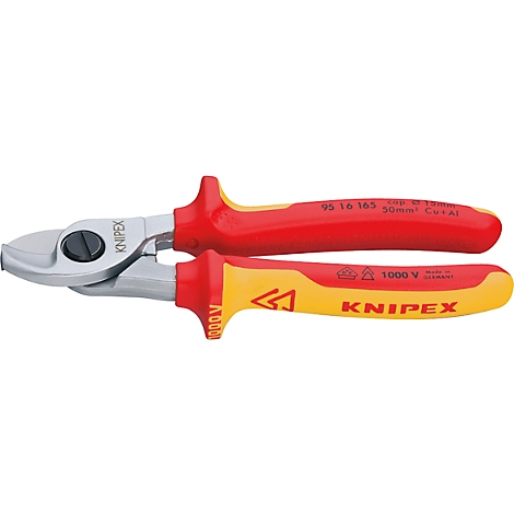 Red and yellow cable shears. Handles with lettering, silver blades. Inscription 1000 V.