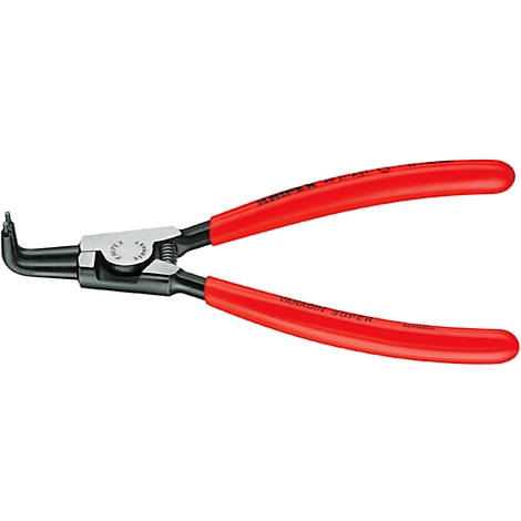 Pliers with red handles and black head, lying diagonally on white background.