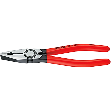 Knipex pliers with red handles; product name and country of origin imprinted.