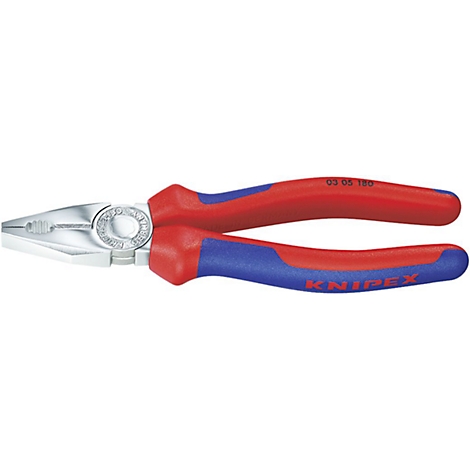 Knipex tang, rode en blauwe handgrepen, zilverkleurige bekken. Opschrift: "KNIPEX".