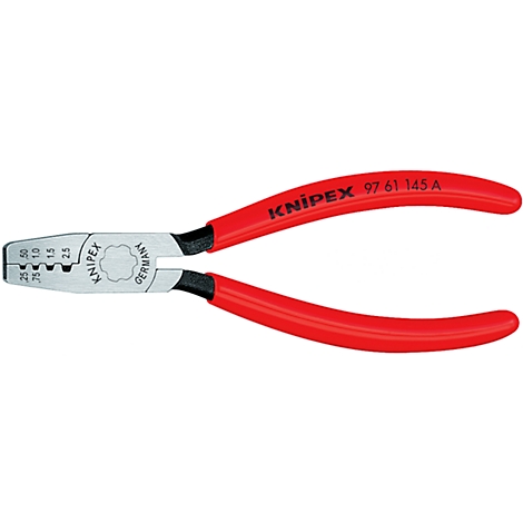A Knipex wire stripper, open, with red handles, the Knipex name is visible.