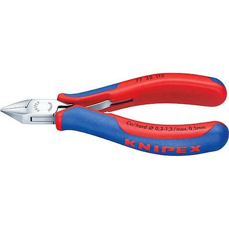 Seitenschneider mit rot-blauen Griffen. Der Schriftzug "KNIPEX" ist zu sehen.