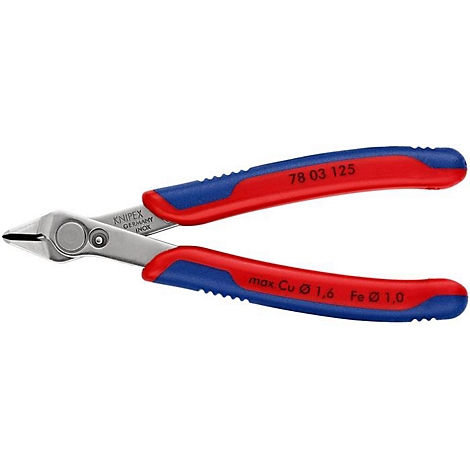 Knipex zijsnijtang, rood-blauw, met het opschrift '78 03 125'.