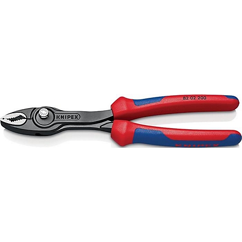 Knipex Zangenschlüssel mit roten und blauen Griffen, Modellnummer 82 02 200.