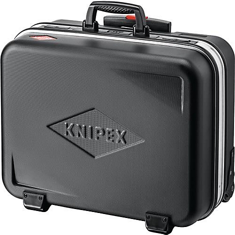 Zwarte gereedschapskoffer met handvat, KNIPEX logo. Zilveren randen en rode details.