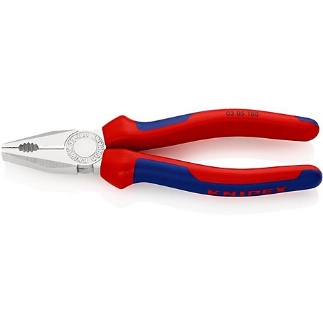 Kombizange, rot-blau, aus Metall. Aufschrift: KNIPEX.