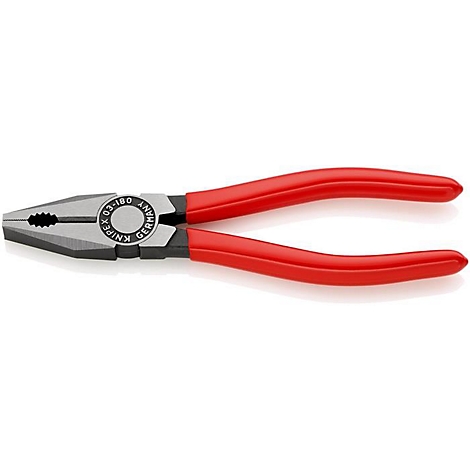 Knipex Zange, rot und silberfarben, auf weißem Hintergrund. Aufgedruckter Text: Knipex Germany.