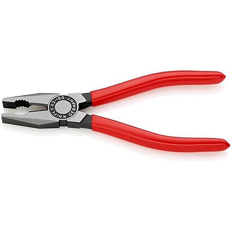 Knipex-Zange, rot-schwarz, mit rotem Griff, geöffnet auf weißem Hintergrund.