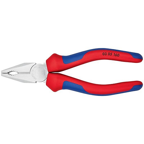 Pince Knipex, pointes de la pince, poignées rouges et bleues. Le texte "03 05 160" est imprimé sur une poignée.