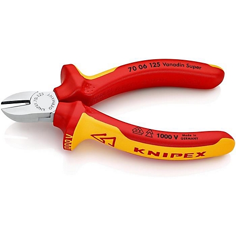 Rote und gelbe Seitenschneider auf weißem Untergrund. Aufschrift: KNIPEX, 1000V, Made in Germany.