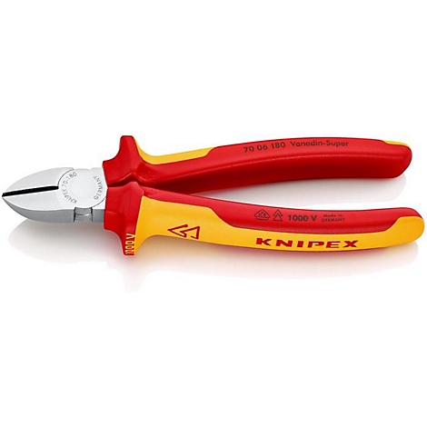 Nahaufnahme einer Knipex-Zange mit rot-gelben Griffen. Details: silberfarbener Zangenkopf, Text und Logos.