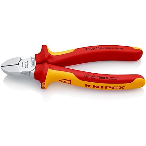Rot-gelbe Seitenschneider mit silbernen Schneidflächen. Aufschrift: KNIPEX, Made in Germany, 1000 V.