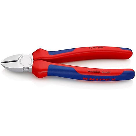 Rote und blaue Knipex-Seitenschneider auf weißem Hintergrund.