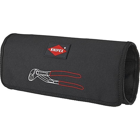 Zwarte gereedschapskist met rood KNIPEX-logo. Geborduurde tang met rode handgrepen.