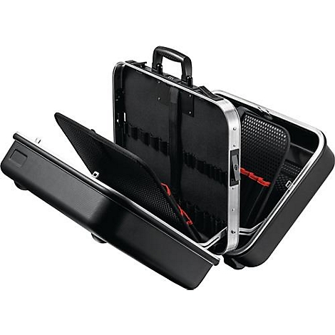 Open black toolbox. Visible are compartments, holders and a silver frame.