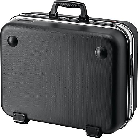 Black suitcase with handle and silver details. Small buttons on the surface and small feet on the bottom.