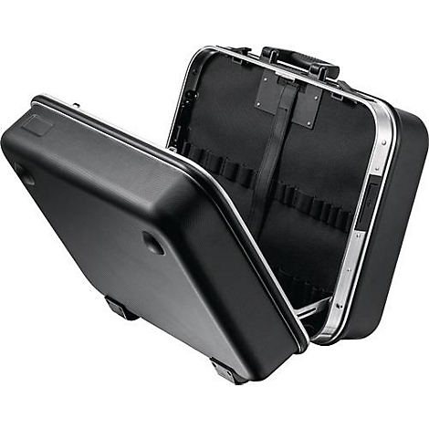 Black suitcase, partially open. Black interior, with holders. Silver-colored frame.
