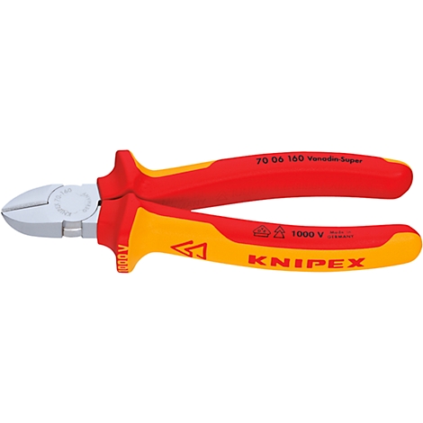 Knipex side cutters with red and yellow handles, against a white background. Inscription 'KNIPEX'.