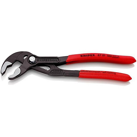 Zange mit roten Griffen. Auf dem Werkzeug steht "KNIPEX".