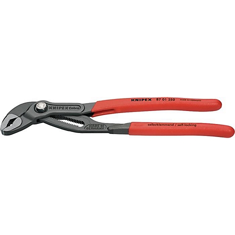 Eine Rohrzange der Marke Knipex, grau mit roten Griffen. Auf dem Werkzeug ist der Name Knipex und andere Informationen aufgedruckt.