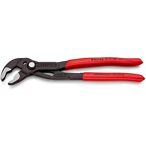 Eine Rohrzange mit rotem Griff. Auf der Zange steht 'KNIPEX 87 01 250'.