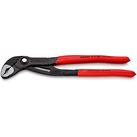 Knipex Wasserpumpenzange, schwarz mit roten Griffen. Die Zange liegt auf weißem Untergrund.