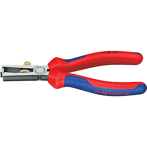 Stripping pliers with red and blue handles. The tool shows the lettering "KNIPEX" and technical details.