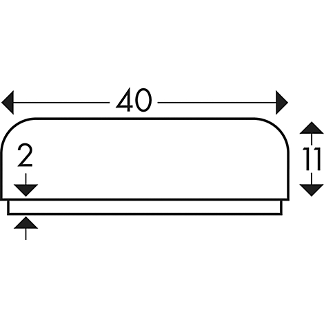 Draufsicht auf ein weißes, rechteckiges Objekt mit abgerundeten Ecken und Maßangaben: 40 x 11 x 2 mm.