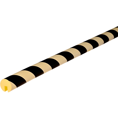 Zylindrischer, schwarz-weiß gestreifter Stoßschutz, leicht diagonal vor weißem Hintergrund.
