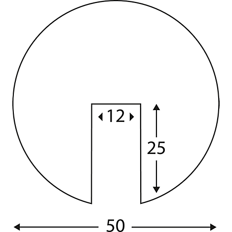 Dibujo circular con un hueco. Dimensiones: 50 de ancho, hueco 25 de alto, 12 de ancho.