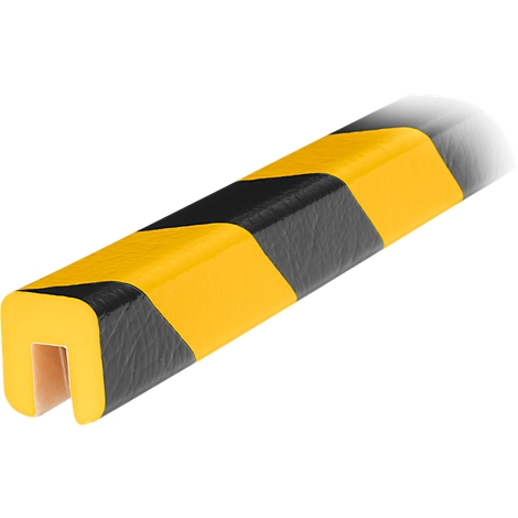 Protección de esquinas amarilla y negra con forma de U. La superficie está rayada alternativamente en amarillo y negro.