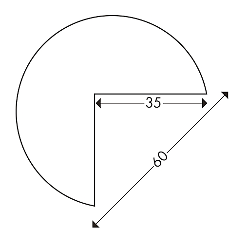Boceto en blanco y negro que muestra un cuarto de círculo con dimensiones: 35 y 60.
