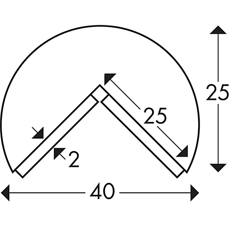 Diagrama técnico: Líneas negras forman un ángulo en forma de V, limitado por un arco de círculo. Se indican las dimensiones.