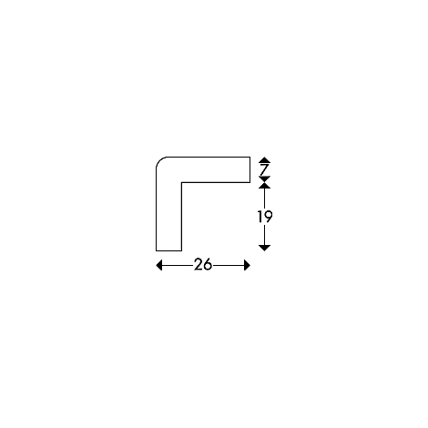 Un objeto blanco en forma de L con dimensiones de 26 x 19 x 7, con etiquetas negras.