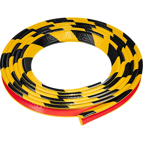 Cinta de seguridad amarilla y negra en forma de espiral, con una tira adhesiva roja en la parte inferior.