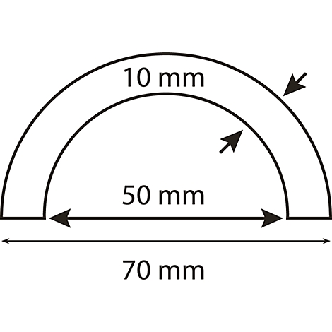 Dessin technique : demi-cercle avec dimensions. Diamètre 70 mm, intérieur 50 mm. Épaisseur 10 mm.