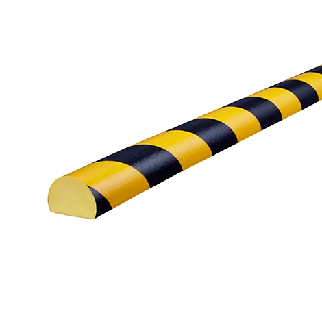 Perfil de protección semicircular con rayas amarillas y negras. El extremo es amarillento.